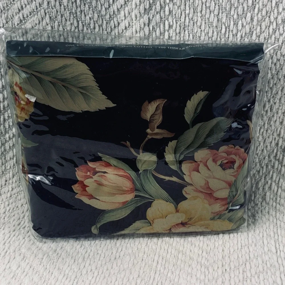 Vtg Ralph Lauren Flat Sheet King Black Charleston Floral 100% Cotton 200TC‎ New